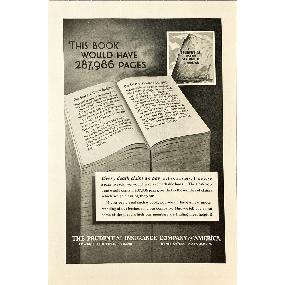 Prudential Insurance "Every Death Claim We Pay has its own Story" Print Ad 1936